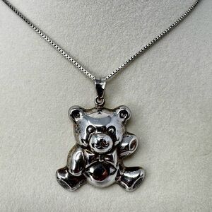 VINTAGE Sterling Silver Puffy Teddy Bear with Bow Tie Pendant with 29” chain